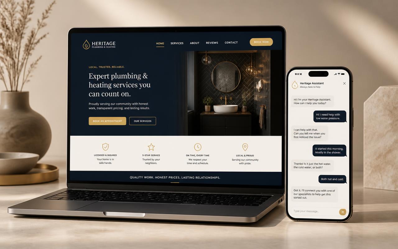 Example local business website with an AI Front Desk chat assistant shown on a laptop and phone